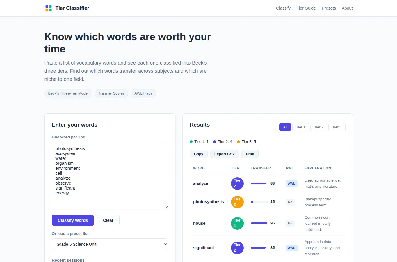 Screenshot of Vocabulary Tier Classifier interface showing the project page in use